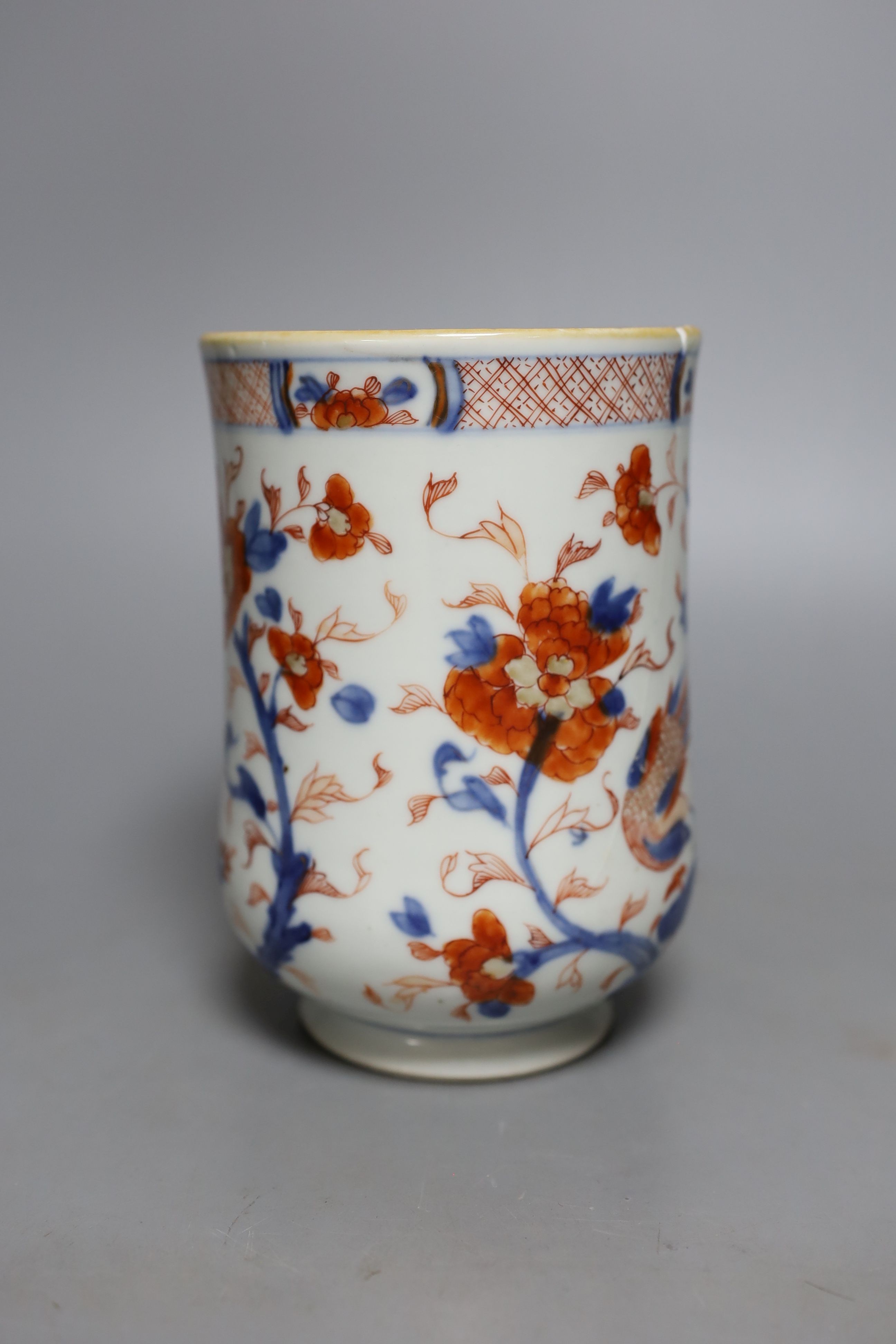 An 18th century Chinese blue and white dish, 30cm., and a Chinese Imari mug